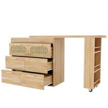Bar Table With 6 Drawers & PE Rattan Doors, 360° Rotating Standing Table With Anti-Tip Device, Ample Storage Space, Metal Handles, Bistro Table For Living Room, Kitchen, Dining Room, Work Area - 駝色 - 查看 8