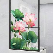 1pc Chinese Style Lotus Glass Sticker, Fresh Green Plant Self-Adhesive Decor For Balcony, Bathroom, Door, Window - Multicolor - View 4