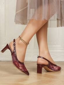 Women's Burgundy Lace Slingback Block Heels, Pointed Toe Mesh Embroidered Pumps For Wedding & Evening Party - Burgundy - View 3