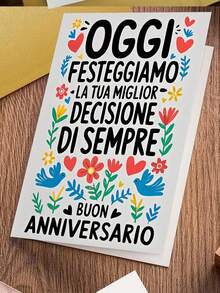 1pc, Colorful Italian Anniversary Card "Buon Anniversario". Includes Envelope, Smooth Matte Paper. Cheerful Floral & Bird Motifs. Perfect For Italian Speaking Couples – The Ideal Sweet Anniversary Card (12cm/4.7in X 17cm/6.7in) - Brown Envelope - View 4