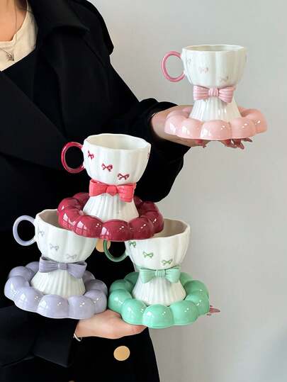 1 Juego de taza y platillo de café de cerámica con relieve de cuentas, taza y platillo de té de la tarde elegante francesa de señora, hecho a mano con lazo y estampado asimétrico, la taza y el platillo se pueden usar como azucarera, adecuado como caja de regalo recuerdo, taza de té de la tarde en el hogar