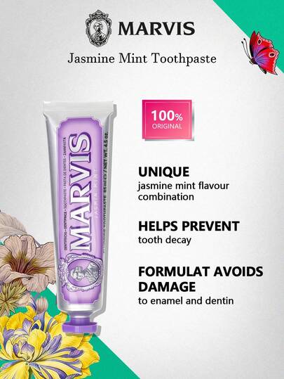 Marvis 85ml/2.87 Fl Oz Jasmine Mint Toothpaste, Unique Jasmine Mint Flavor, Whitening & Protective Formula, Gentle Cleaning, Long-Lasting Fresh Breath, Luxury Italian Toothpaste, Holiday & Mother's Day Gift