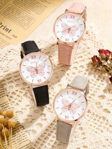 Bộ 4 chiếc đồng hồ thạch anh mặt in hình bướm trang nhã, dây da, phong cách tối giản, thích hợp đeo hàng ngày cho thanh thiếu niên, quà tặng. - Nhiều màu - Xem 4