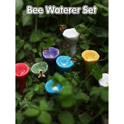 5pcs Colorful Bee Waterer Set, Insect Drinking Cup, Outdoor Hanging Watering Station, Beekeeping Feeding Tray, Garden Decor, Reusable Bee, Butterfly & Hummingbird Waterer,Colorful Bee Watering Station With Wooden Base, Gardening Bee Feeder, Garden Statues,Porch Goose,Suitable For Outdoor, Garden, Balcony, Planter, Creative Gardening Decor, Practical Gardening Tool.
