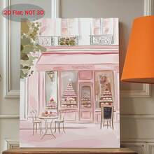 2D Flat, 1pc 2D Wooden Frame Canvas Painting, Paris Patisserie Poster French Café Wall Art, Pink Bakery Illustration With Outdoor Table, Elegant Paris Print For Kitchen Or Dining Room, Holiday Gift, Beautiful Family Gift, Suitable For Bedroom - 有框架 - 查看 7