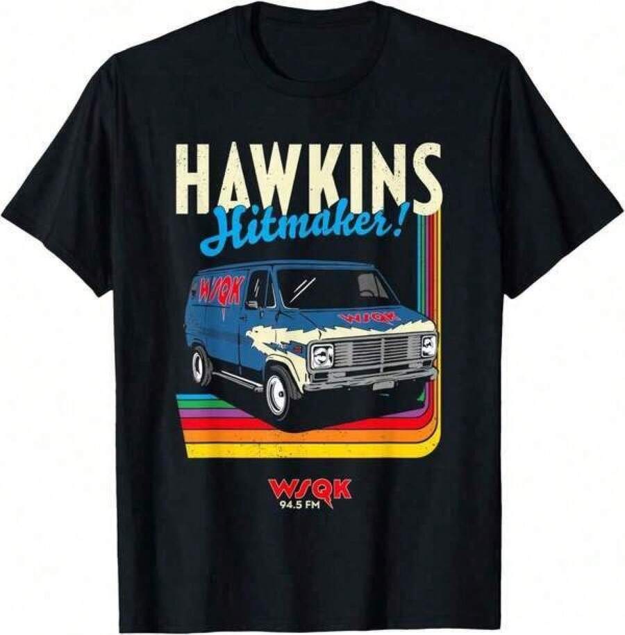 1 pieza de ropa de verano para niñas, camiseta casual con estampado, cuello redondo y manga corta, ropa de verano para estudiantes jóvenes, camiseta de manga corta con cuello redondo, camiseta , temporada 5, Hawkins Hitmaker!Camiseta con logotipo de furgoneta vintage, camiseta de manga corta con estampado a una cara, camiseta estilo pullover, camiseta de algodón pesado de 180 g, camiseta gráfica, lavable a máquina, top de primavera-verano, camiseta de corte relajado, camiseta unis-ex, camiseta unis-ex, todas las tallas disponibles, conjuntos familiares a juego, ropa de temporada, material transpirable, ropa festiva unis-ex de verano para estudiantes y jóvenes - camiseta gráfica de moda vibrante que inspira imaginación y autoexpresión camiseta mujer manga corta verano hombre tops tops mujer camisetas mujer mujer camisetas elegantes de mujer amarillo ontre mujer - Negro - Ver 1