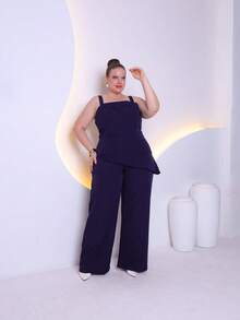 conjunto feminina plus size de alfaiataria de blusa com calça pantalona C3090-2 - Azul Marinho - Visão 6