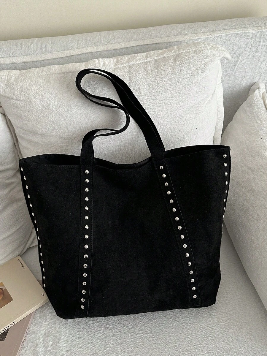 1pc New Black Fashion Women's Handbag, Solid Color Suede Patchwork Large Capacity Rivet Shoulder Bag, Minimalist Chic Versatile Elegant Tote - Black - View 1