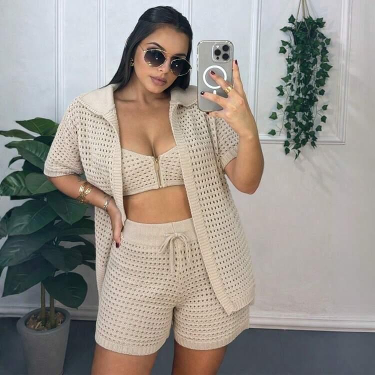Conjunto Croche Saida de Praia Feminino Shorts e Camisa Polo Aberta Tricot Estilo Elegante - areia - Visão 4