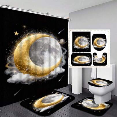 1/4pcs Moon Print Shower Curtain Set - With Night Moon Design, Black Background, Intricate Line Art Details, 70.8x70.8 Inch Bathtub Divider Curtain, 12 Hooks Included, Washable Polyester Home Decor, Bathroom Shower Curtain, Fashionable Bathroom Accessory, Durable Bathroom Curtain