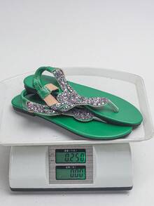 女士夏季加大码 35-45 码镶钻人字拖凉鞋，舒适轻便的套脚凉鞋，配有弹性后跟带，优雅圆头平底凉鞋，适合日常、街头、旅行穿着，绿色舒适平底凉鞋，母亲节礼物 - 綠色-紫鑽 - 查看 9