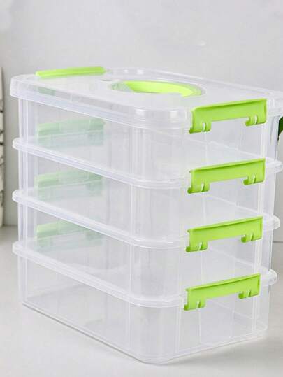 4-Layer Stackable Clear Plastic Storage Box With Green Buckle - Waterproof, Large Capacity, Suitable For Home And Office - Portable, Can Be Used As Food Container Or For Storing Toys, Crafts, Desktop And Drawer Items, Ideal For Home Organization