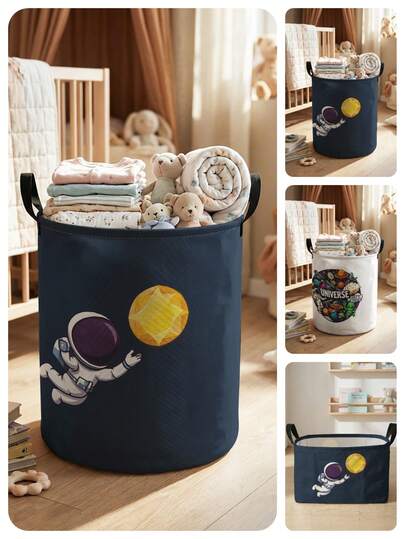 1 Giỏ đựng đồ tròn gấp gọn dung tích lớn, in họa tiết hoạt hình vũ trụ, có tay cầm, hộp đựng đa năng dùng cho phòng trẻ sơ sinh, đựng tã, quần áo, đồ dùng cho bé.