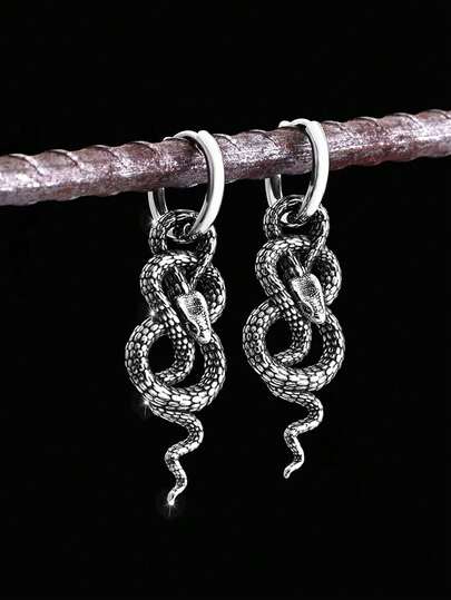 1对哥特复古蛇形吊坠耳环，独特男士派对配饰