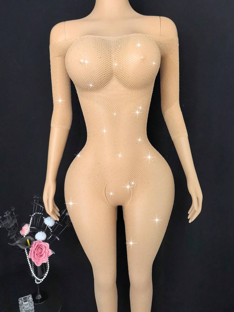 Sexy High-Stretch Jumpsuit, Fully Made Of Sparkling Diamonds, Sensual High-End Charm, Backless Long Sleeve Jumpsuit, Transparent Fishnet, Low-Cut Backless Outfit, Jumpsuit, Stockings, Essential For Valentine's Day, Create A Shining Princess And Queen Look - Apricot - View 1