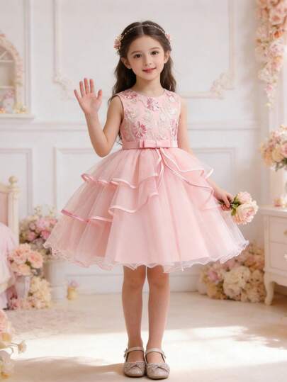 Vestido de princesa ajustado sin mangas para niñas, vestido para fiesta de cumpleaños/recital de piano (Seleccione el tamaño según la medida del busto)