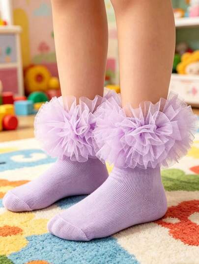 1 双儿童/女婴大号荷叶边褶皱花卉装饰袜子
