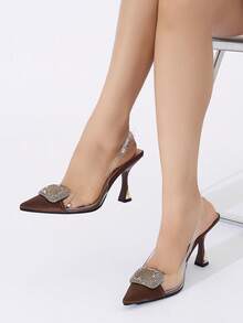 Sepatu hak tinggi stiletto ujung runcing wanita dengan hiasan gesper logam berlian imitasi, modis dan elegan untuk perjamuan, pesta, kegiatan luar ruangan, kencan, hadiah ulang tahun, gaun, paduan serbaguna, musim semi/panas/gugur/dingin, hak tinggi PVC cokelat kopi. - Coffee Brown - View 3