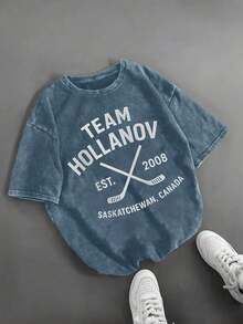 1pcPlus Size - Plus Size - Hollanov Hockey Romance T-Shirt| Heated Rivalry Streetwear, Graphic Printed, Long Length, Crew Neck, Vintage Stylesummer Outfits Summer - 藍色 - 查看 14