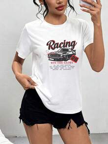 Women's Slim Fit Round Neck Short Sleeve T-Shirt, Retro Inspirational Fun Victory Race Pattern, 100% Cotton. - White - View 7