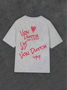 White 1pcs Women's Double-Sided Printing Von Dutchh Heart Logo With Key And Year 1999 Fabric Soft & Skin-Friendly Unisex Style Gifts For Spring Festival, Valentine's Day, St. Patrick's Day & World Cup-Van Dutch Dragon Print Women T Shirt Classic Americana Style Graphic Tee - 灰色 - 查看 3