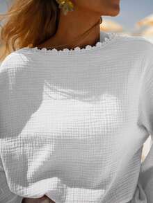 SUNSTORY Women's Summer Casual Elegant Romantic Textured Tie-Front Lantern Sleeve Hollow Embroidery Design White Blouse, Suitable For Wedding, Events, Back To School, Graduation, Leisure Travel, Work Commute, Office - White - View 5