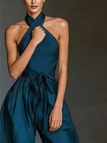 Women's Summer Halter Neck Ruched Waist Wide Leg Loose Fit Jumpsuit Casual Tie Front Long Romper For Beach Vacation Date Night Daily - 藏青色 - 查看 5