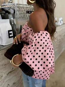 Women's Polka Dot Contrast Color Pleated Open Shoulder Top, Suitable For Beach And Daily Wear, Spring/Summer Pink - Pink - View 5