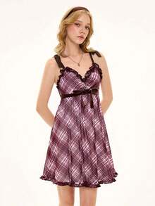 ROMWE Kawaii Spring/Summer Valentine's Day Plaid Ruffle Tie Casual Loose Women Mini Dress - Brown - View 5