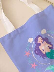 1pc Mermaid Print Canvas Large Capacity Open Top Shoulder Tote Bag, Suitable For Students Daily Shopping, Commuting, Travel - Multicolor - View 6