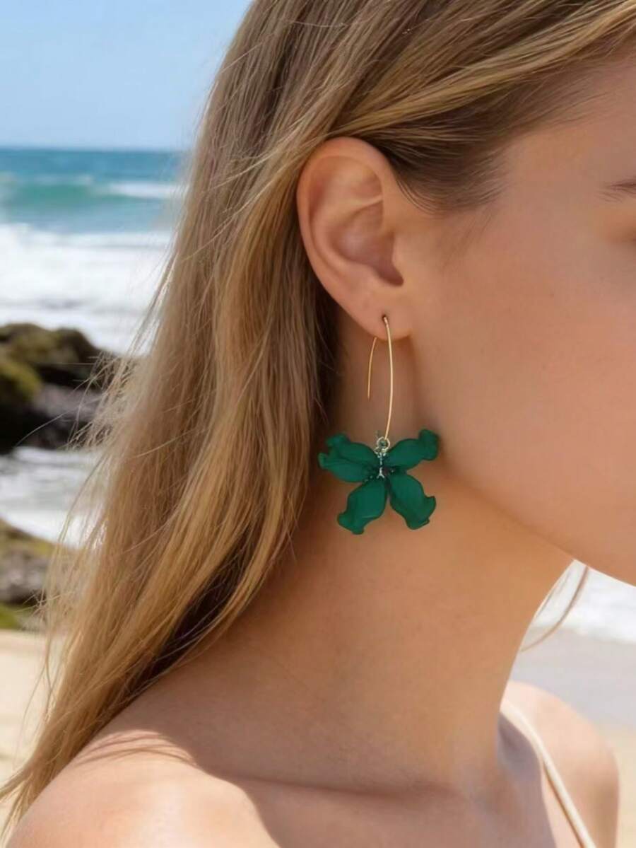 1对时尚度假风亚克力花瓣耳环，适合女性日常、派对、海滩、母亲节、斋月活动等场合佩戴 - 墨綠色 - 查看 1