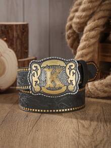 1 chiếc thắt lưng da PU dập nổi chữ cái, kiểu dáng retro miền Tây, phù hợp để phối cùng quần jeans. - màu đen - Xem 15