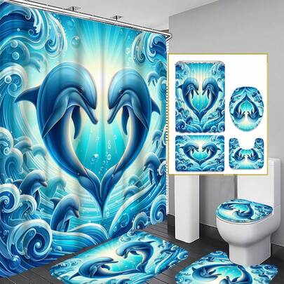 Bộ phụ kiện phòng tắm hình cá heo đôi sóng tình yêu 1/3/4 món, trang trí nhà cửa, rèm phòng tắm, bộ rèm tắm, bộ đồ dùng phòng tắm đầy đủ, bao gồm bộ rèm tắm và thảm trải sàn. Nhiều kích thước rèm tắm (72in x 72in, 35.4in x 72in, 47.2in x 72in, 59in x 72in) và các bộ sản phẩm đồng bộ.