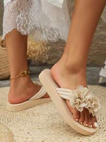 Summer New Thick-Soled Slippers, Lightweight And Comfortable Flip-Flops, Solid Color, Available In Large Sizes (36-45), Flower Beach Sandals - 卡其色 - 查看 4