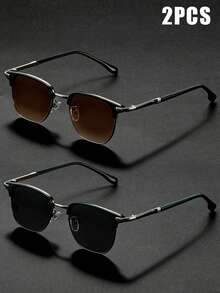 2 Pairs Unisex Multi-Function Line Design Sunglasses, UV400 Protection, Classic Fashion Style For Daily Wear - Black Film + Tea Film - View 1