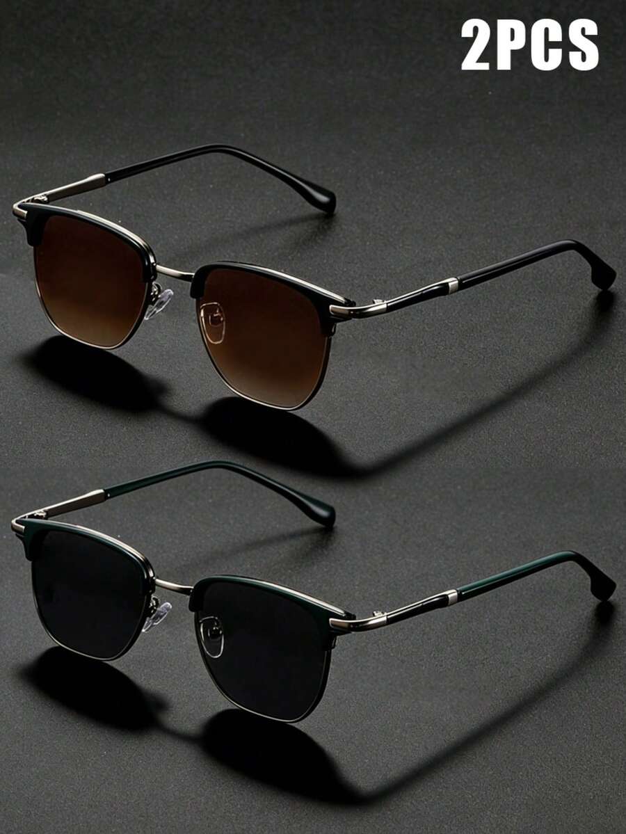 2 Pairs Unisex Multi-Function Line Design Sunglasses, UV400 Protection, Classic Fashion Style For Daily Wear - Black Film + Tea Film - View 1