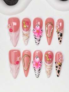 10pcs/Set Handmade Almond-Shaped Y2K Baddie Style Press-On Nails, & Pink Colors With French Tips, Cow Print, Zebra Print, Carved, Seahorse,, Asymmetrical Metal, Small Flower, Steel Ball Elements, Suitable Women And Girls, Party, Dance, Daily Wear, Includes Kit, Can Be Ladies Nail Supplies Handmade Press On Nails - Nhiều màu - Xem 1