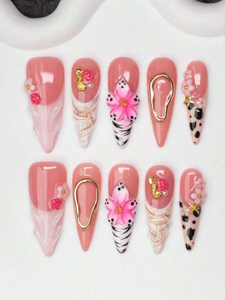 10pcs/Set Handmade Almond-Shaped Y2K Baddie Style Press-On Nails, & Pink Colors With French Tips, Cow Print, Zebra Print, Carved, Seahorse,, Asymmetrical Metal, Small Flower, Steel Ball Elements, Suitable Women And Girls, Party, Dance, Daily Wear, Includes Kit, Can Be Ladies Nail Supplies Handmade Press On Nails - Nhiều màu - Xem 1