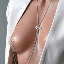 1件装乳环项链，无需穿孔即可佩戴，可调节假乳环，女士假乳环饰品吊坠，花朵爱心蝴蝶结配饰，夏季假日派对比基尼身体饰品，性感女孩风格 - 銀色 - 查看 4
