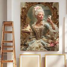 1 pieza de pintura en lienzo con impresión 2D, selfie de María Antonieta, decoraciones de pared - interesantes impresiones históricas, pósteres humorísticos de estilo rococó, retratos reales decorados de manera moderna, arte con marco de madera, alta calidad, grosor de 2.25 cm/1 pulgada, póster de impresiones de arte de pared - Enmarcado - Ver 5