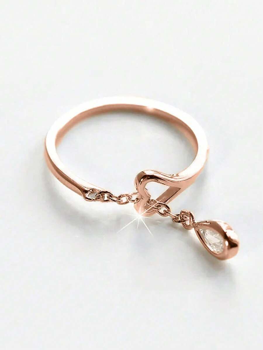 1 pieza Anillo con forma de corazón de circonita cúbica elegante, adecuado para mujeres, apto para boda, compromiso, uso en fiestas de aniversario, regalo del Día de San Valentín - Oro rosa - Ver 1