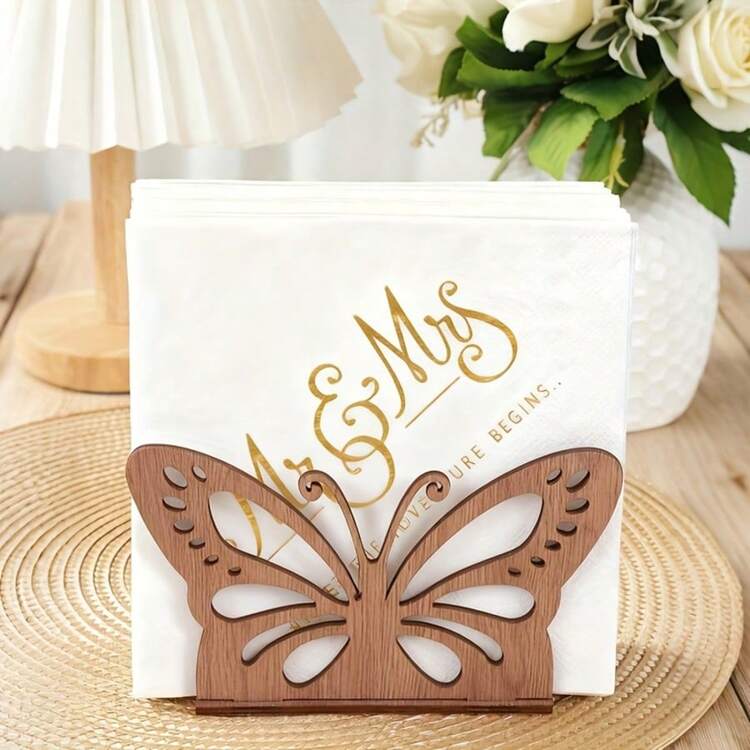 1pc Butterfly Design Wooden Napkin Holder, Paper Towel Storage Box, Kitchen Countertop Organizer, Birthday Party Dining Table Decor, Wedding Reception Supplies, Christmas Gift, Napkin Holder - View 3