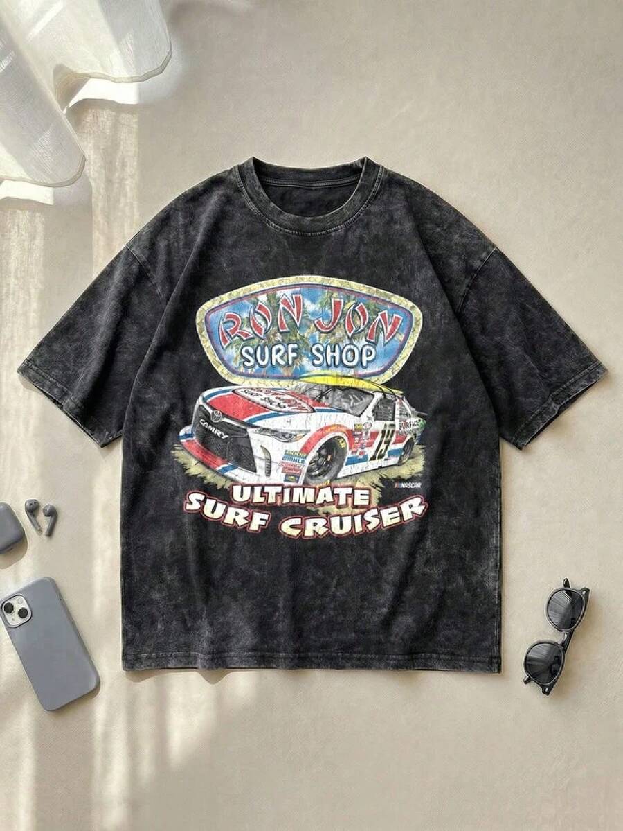 Ron Jons Surf Shop Toyotas NASCARS Racing Graphic Tee Acid Washed Cotton Shirt Unisex Couple Matching Boyfriend Style Ultimate Surf Cruiser Text Stock Car Print Retro 90s Aesthetic Summer Outfits Graphic Tees Men Oversized T Shirt - màu đen - Xem 1