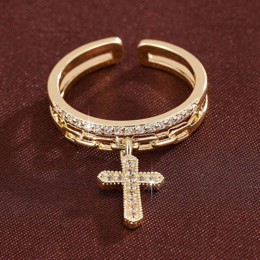 1pc Minimalist Cross Shaped Design Zirconia Stone Adjustable Ring For Women - Multicolor - View 1