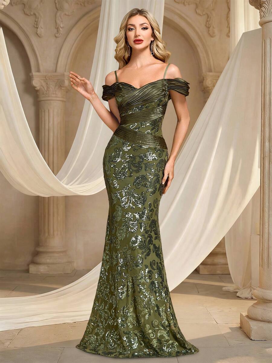 Vestido de dama de honor con escote en V, tirantes finos, fruncido y silueta de sirena con parches de lentejuelas, vestido elegante de noche ajustado para boda y fiesta de primavera - Verde Oliva - Ver 1
