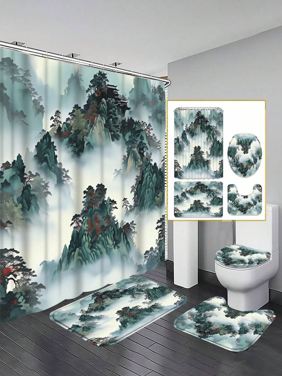 1/3/4 件套水墨山水图案浴室浴帘套装，宽敞宁静风格，包含 12 个挂钩，72 英寸 x 72 英寸，还配有马桶座套、浴垫和地毯；采用优质涤纶面料制成，可水洗且防霉，适合节日装饰、浴室、房间、卧室装饰、浴室配件、厨房装饰、西式卧室窗帘、西式住宅和母亲节主题装饰。