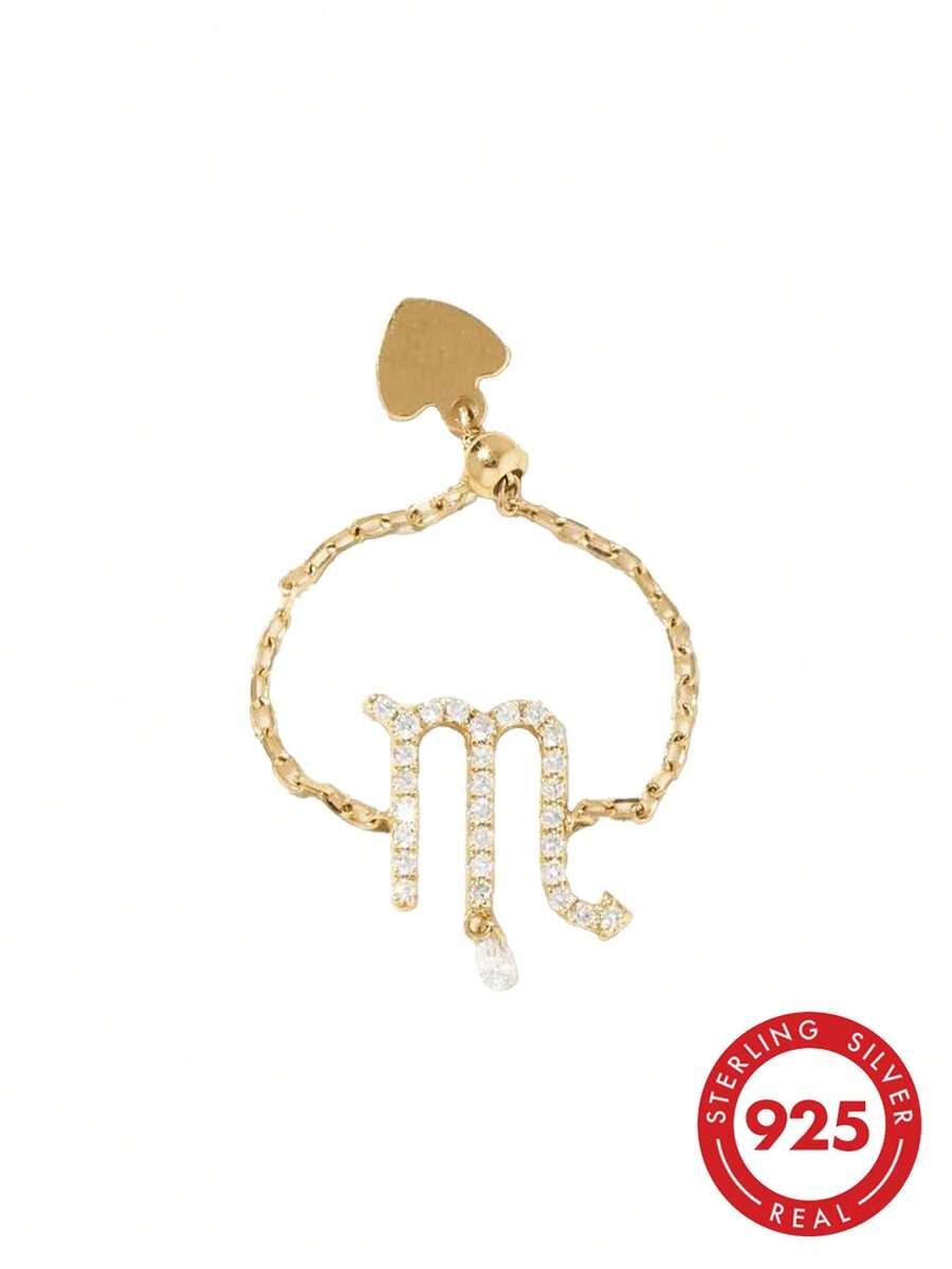 Anillo ajustable de joyería con cadena de plata de ley 925 de estilo único, exquisito y creativo con diseño de signo del zodíaco de lujo para mujeres - Dorado - Ver 1