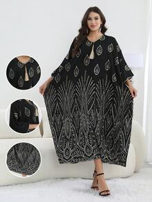 Mẫu thiết kế mới năm 2026: Áo dài Ả Rập Jalabia thêu hạt cườm bạc thanh lịch với tua rua, cổ chữ V và tay áo loe, kiểu Abaya thời trang và sang trọng, váy dài truyền thống dành cho nữ mùa xuân/hè 2026 cho lễ Eid Al-Adha. - màu đen - Xem 8