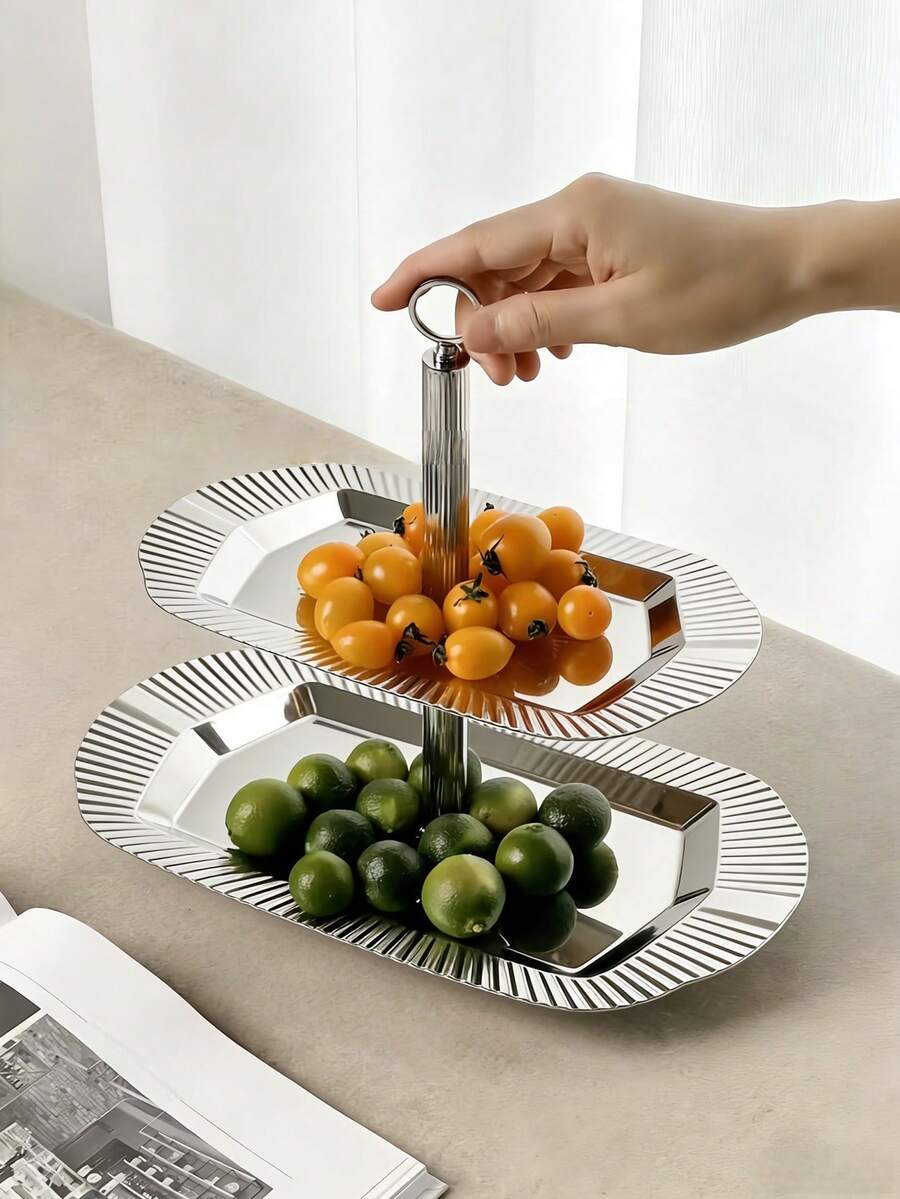 1pc Luxury Stainless Steel Mirror Fruit Plate, Niche Creative Dessert Stand, High-End Asymmetrical Fruit Rack For Home, Nordic Style Stainless Steel Fruit Plate, High-End Dessert Cake Stand, Exquisite Afternoon Tea Snack Tray, Luxury Multi-Layer Fruit Plate Storage Tray, Living Room Coffee Table Decor, Suitable For Cafe, Restaurant, Living Room, Dessert Shop, Wedding, Party - Multicolor - View 1