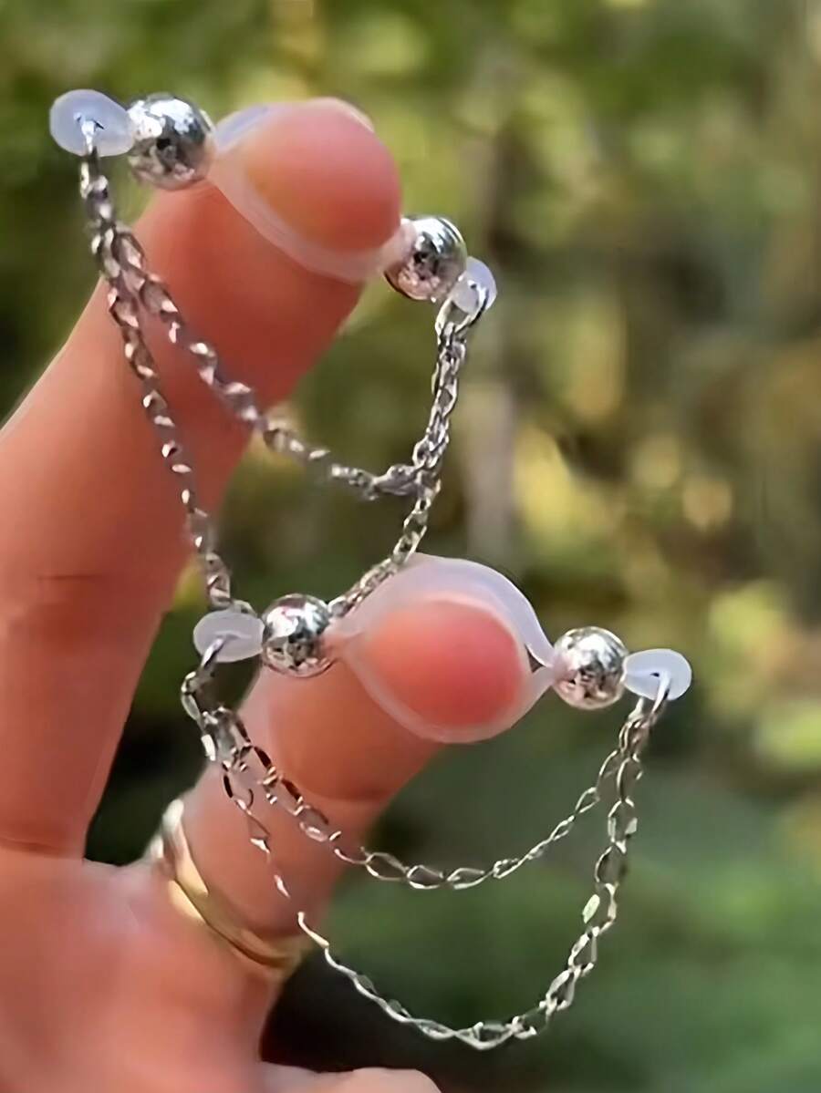 1对无需穿孔的人体饰品假乳环，夹式乳链，女士款 - 銀色 - 查看 1